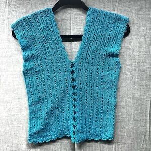 Hand crochet vest Teal V Neck open center lace pattern Small no tag Vintage 80’s